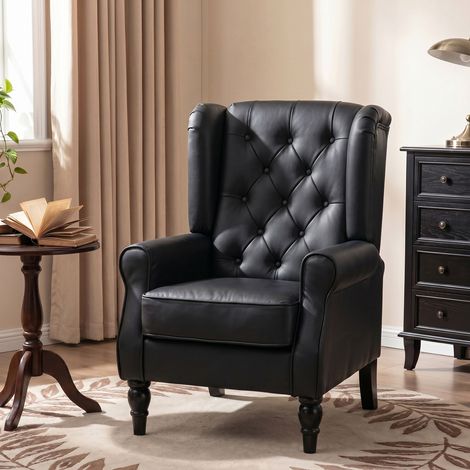 Fauteuil chambre simili‑cuir PU, large assise, accoudoirs, pieds bois eucalyptus, noir (1/5)