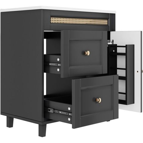 Meuble-lavabo sur pied avec vasque en céramique  Portes à fermeture amortie  Noir 76x46x86,5cm