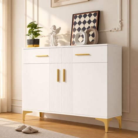 Moderne Sideboard-Kommode mit 2 Türen und 2 Schubladen – Aufbewahrungsschrank mit Metallgriffen und Metallfüßen für Wohnzimmer, Flur oder Esszimmer. Maße: 80 cm (B) × 35 cm (T) × 79.5 cm (H). (1/5)
