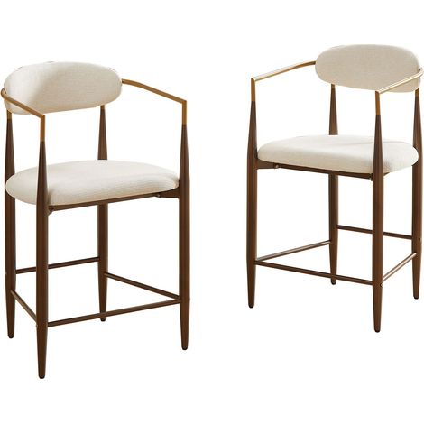 2er-Set Barhocker mit Armlehnen, hohe Küchenstühle für Kücheninsel, Stoff und Metall im Vintage-Landhausstil, Beige (1/5)