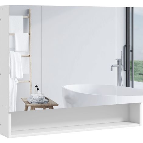 Armoire murale salle bain avec miroir, armoire toilette 3 portes miroir, étagères réglables, 90x15x75cm, blanc