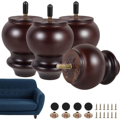 Pieds de meubles en bois en forme de citrouille, 10 cm, en eucalyptus, avec patins antidérapants en feutre pour canapé, fauteuil, armoire, penderie - Lot de 4, style rétro, vis M8 (1/5)