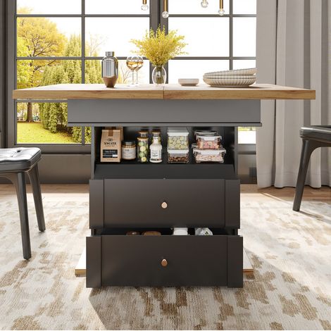 Table extensible in MDF nero e naturale 110-140x80x75 cm con vano contenitore (1/5)