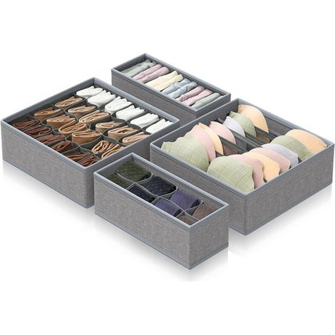 Lot de 4 Séparateurs de Tiroirs Pliables, Organisateur Rangement Sous-vêtements Chaussettes Cravates, Boîtes de Rangement Tissu Non-tissé avec Compartiments, Gris (1/4)