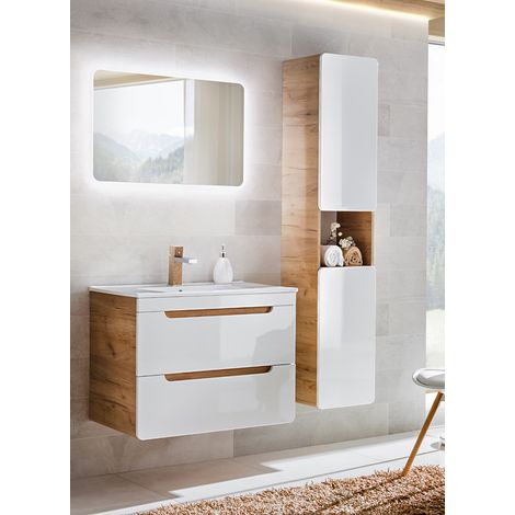 Badmöbel Set mit 81 cm Waschtisch & LED-Spiegel LUTON-56 Hochglanz weiß, Wotan Eiche Nb. B/H/T ca. 130/200/46 cm (1/5)