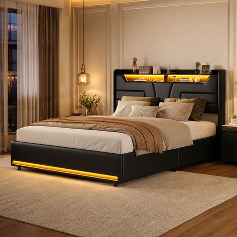 Lit coffre 160 x 200 avec bande LED réglable et port USB - Lit adulte double avec Tête de lit avec rangement - PU Noir - Design minimaliste moderne (1/5)