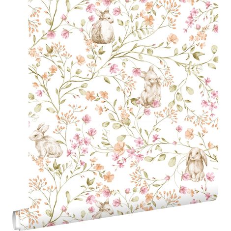 papier peint lapins vert, rose et orange - ESTAhome (1/5)