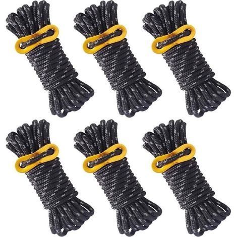 6 Pièces Corde de Tente Réfléchissante Corde Tente Camping 4 m X 5 mm Corde de Tente Noire avec Tendeur Réglable pour Les Tentes d'auvent de Camping en Plein Air (1/5)