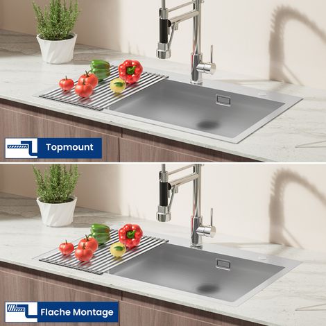 Évier Cuisine en Inox 75 x 45 x 19 CM Évier 1 Bac avec Égouttoir pliable et Système de Drainage, Évier à Encastrer pour Meuble de 80 cm