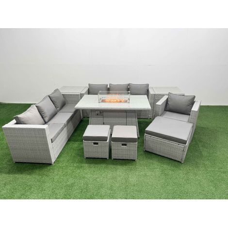 Fimous 10 Seat PE Rattan Lounge Sofa Set Outdoor Garden Furniture Set with Firepit Dining Table 3 Seater Sofa 3 Stools 2 Side Tables Light Grey (1/5)