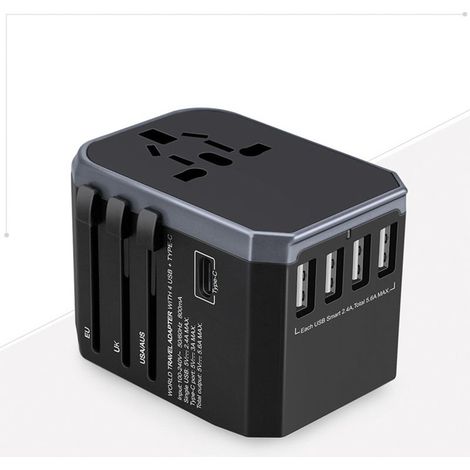 Adaptateur de voyage universel avec 4 ports USB ultra-rapides et 1 port USB Type-C ultra-rapide, prise secteur,prises internationales (UE, États-Unis)