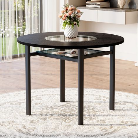 Runder Esstisch 100 cm schwarz aus MDF und Glas mit Metallgestell und Ablage (1/5)