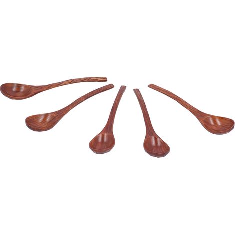 Set aus 5 Holzlöffeln mit rutschfesten, wärmeisolierenden Griffen und langen Stielen zum Kochen und Umrühren heißer Suppen. (1/5)