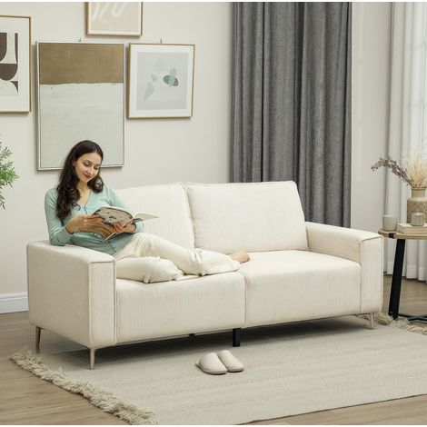 Sofá de 3 plazas 193x77x80 cm blanco crema en poliéster efecto pana con cojines y patas metálicas (1/5)