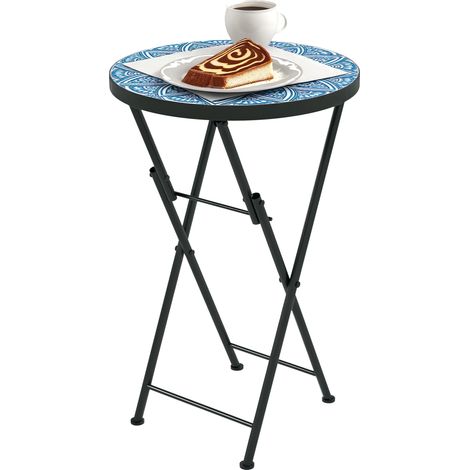 Tavolo da giardino Irovami con motivo a mosaico, tavolo rotondo pieghevole da esterno con struttura in metallo e piano in ceramica, motivo a mosaico, blu