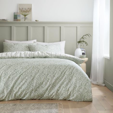 Parure de lit réversible en Percale de Coton 200 Fils avec Housse de Couette et taie d'oreiller Motif Floral Vert (1/4)