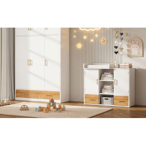 Commode à langer blanche avec barrière amovible et étagères de rangement pour chambre de bébé et nurserie (1/5)