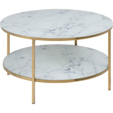 Mesa de centro Norsica 554, Dorado + Mármol blanco, 45x0x0cm, Diámetro: 80, Vidrio templado, Redonda
