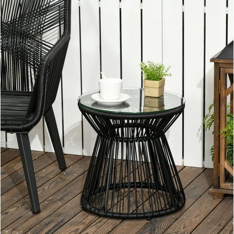 Mesa auxiliar jardín redonda cristal ratán negro HAVRYA (1/4)