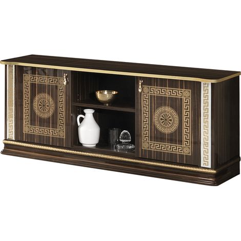 Meuble TV 2 portes 2 niches bois vernis laqué brillant marron et doré Venus 154cm (1/2)