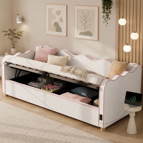 Tagesbett 90x200 cm beige Bouclé mit hydraulischem Stauraum, USB- und Type-C-Anschluss und gepolsterten Rundungen (1/5)