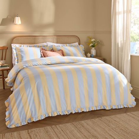 Jeu De Housse De Couette Réversible À Volants Coton Riche Rayé Literie Citron Ciel 230x220cm (1/4)