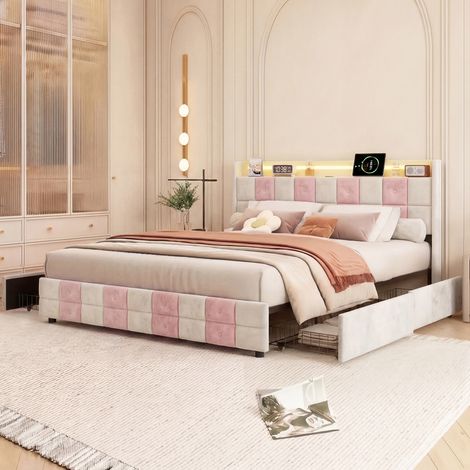 Lit 140x190 cm avec LED et USB, lit double 140x190 cm avec sommier à lattes et 4 tiroirs, lit adulte tissu en velours (1/5)