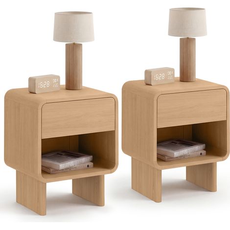 2er-Set Nachttische "CAPUCINE" mit 1 Schublade und 1 Fach in Buche-Optik, abgerundetes Design