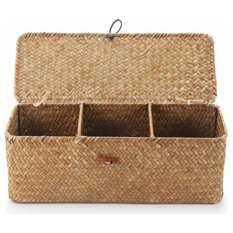 Panier Rangement Jonc de Mer avec Couvercle Rectangulaires Malle en Osier avec Compartiment pour Organiser des Jouets de Collation en Papier Toilette