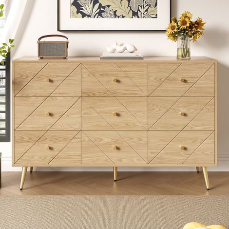 CHICFURN Cassettiera 9 cassetti 120x39x80 cm in truciolare naturale con gambe in metallo (1/5)