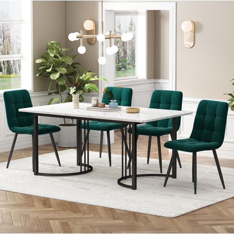 MEUBLIV Ensemble table et 4 chaises 140x80 cm blanc et vert foncé finition marbre (1/5)