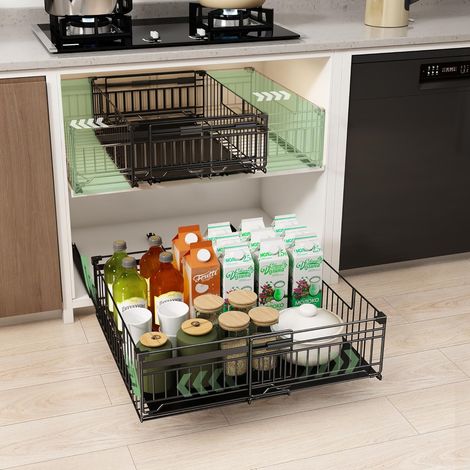 Set of 2 Extendable Kitchen Drawer Sliding Kitchen Cupboard Organiser Sliding Tray for Cupboard, Self Adhesive Fixing or Screws, 33-51 L x 38D x 17H cm, Black (1/5)