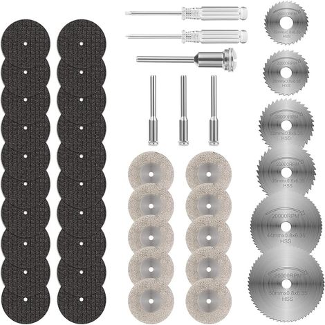 36PCS Mini Disque Diamant à Tronçonner, Disques de Coupe pour Dremel, HSS en Résine Lame Scie Circulaire avec 5 Mandrins SC et 2 Tournevis pour Couper Bois, Métal, Plastique, Pierre