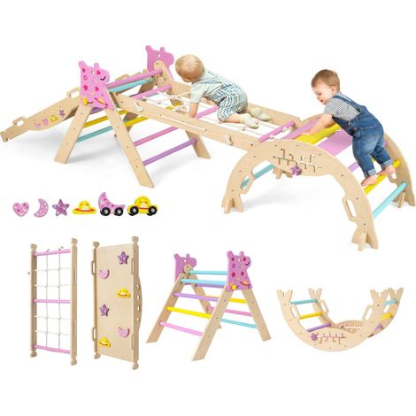 Lot de 1 triangle d'escalade pliable 66 x 53 x 58 cm 9-en-1 sécurisant ludique design en bois rose