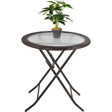 Outsunny Folding Round Tempered Glass Metal Table with Brown Rattan Edging