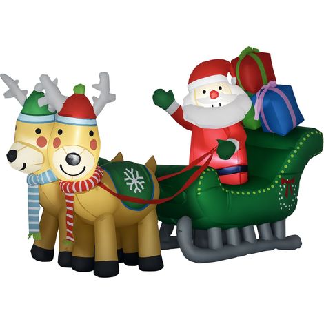 Décoration gonflable de Noël avec Père Noël, traîneau et 2 rennes LED, décoration extérieure design sobre pour jardin pratique et lumineux