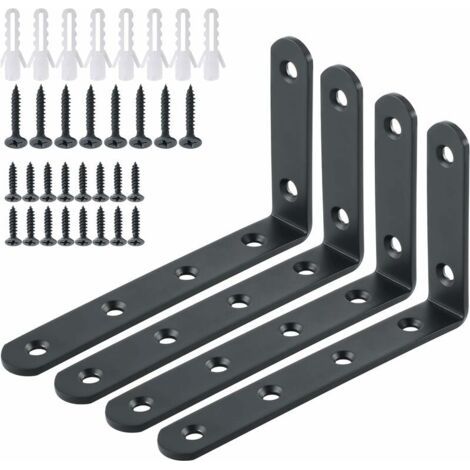 Équerres Étagère de Fixation Murale Console Emboutie en Métal Support d'Angle pour Étagère à Suspendre, 125 mm x 75 mm, Finition Noire Mate en Acier Inoxydable, 4 Pcs, EJ5207B-4P (1/5)