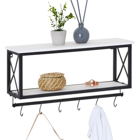 Idimex – Porte-manteau mural avec 2 étagères en bois de paulownia blanc – Cadre en métal noir – Charge max 2.5 kg par étagère – Style industriel