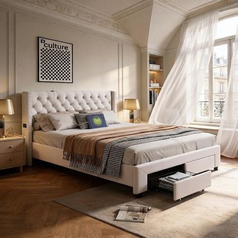 SYEKLAOO Lit Double Rembourré avec Éclairage LED et Port USB, lits Coffre avec Sommier à Lattes et 2 Tiroirs,Capacité de charge 300 kg ,Montage facile,Velours,Beige -160 x 200 cm (1/5)