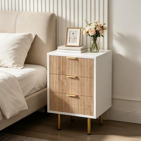 Table de chevet – Meuble de rangement multifonctionnel – Commode à trois tiroirs – Blanc avec veinage bois clair – Design moderne (1/5)