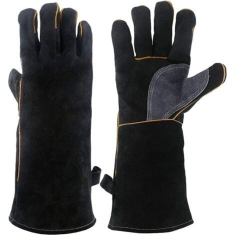 Guanti in pelle estremamente resistenti al calore e al fuoco con cuciture decorative, ideali per caminetto, stufa, forno, griglia, saldatura, barbecue, saldatura MIG, come presine e per la cura degli 