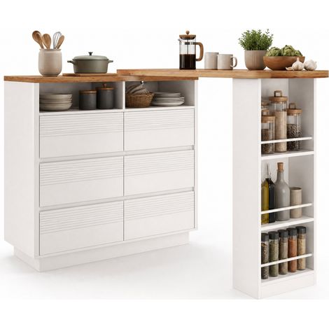 CHICFURN Mesa bar extensible blanca con almacenaje, 6 cajones y estante lateral, mesa alta giratoria móvil de MDF con ruedas, 137-215x39x102,3 cm (1/5)