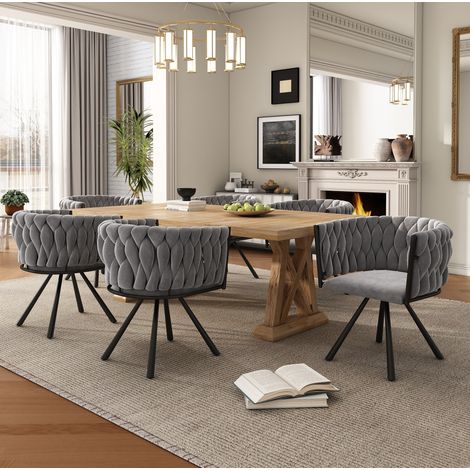 Samt-Esszimmerstuhl, 6er set, einzelner heller Luxus-Wohnzimmer-Schlafzimmer-Drehstuhl, Freizeit-Drehstuhl mit vier Stützbeinen aus Metall, grau (1/5)