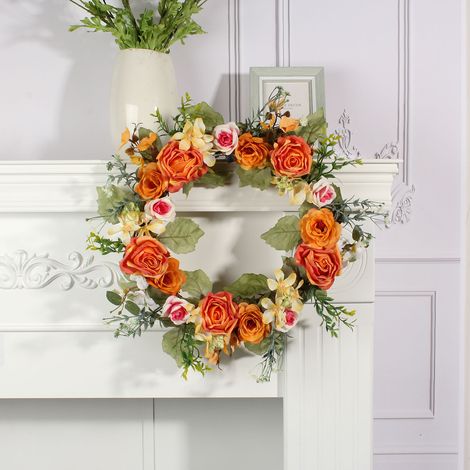 Künstlicher Rosenkranz zum Aufhängen an der Tür, Innendekoration, rustikaler Stil – Orange, 40 cm, Seidenblumen/Naturrattanring (1/5)