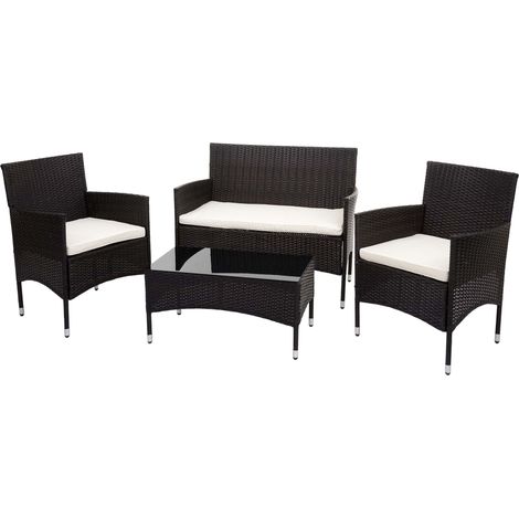 Poly-Rattan Garnitur HHG-813, Balkon-/Garten-/Lounge-Set Sofa Sitzgruppe braun, Kissen creme