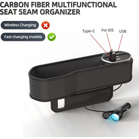 (Recharge filaire) Boîte de rangement pour l'espace entre les sièges de voiture avec porte-gobelet, charge ultra rapide, organisateur, boîte de remplissage pour les interstices des sièges, accessoires (1/5)