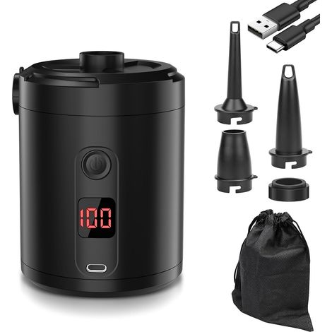 Pompa ad Aria Elettrica Ricaricabile 5200 mAh con Display Digitale, Gonfiaggio Rapido 280 L/Min, 3 Ugelli + Guarnizione per Sacchetto Sottovuoto, Portatile per Materassi e Piscine (1/5)