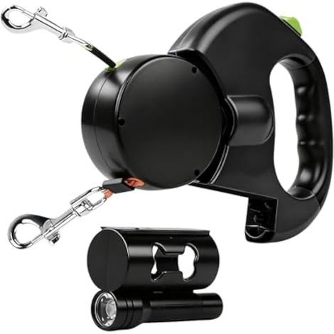 Laisse double rétractable pour chien, avec 1 remorque automatique et 2 compartiments, lampe torche et distributeur de sacs. (1/4)