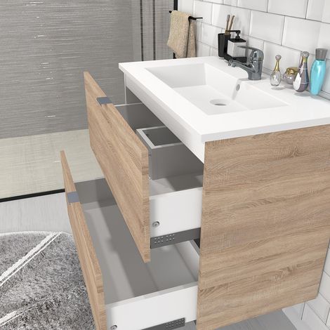 Le Quai Des Affaires – Meuble sous-vasque 2 tiroirs 60 cm – Vasque en résine blanc brillant – Décor chêne blanchi – Dimensions L60 x P46 x H64 cm