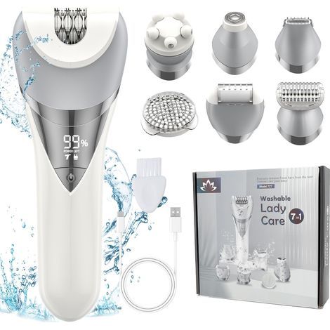 Épilateur pour femme, épilateur 7 en 1 pour femme, rasoir, bikini, rasoir pour le visage, brosse pour le visage, massage du visage et exfoliant pour le corps, IPX7 étanche et indolore, rasoir (1/5)
